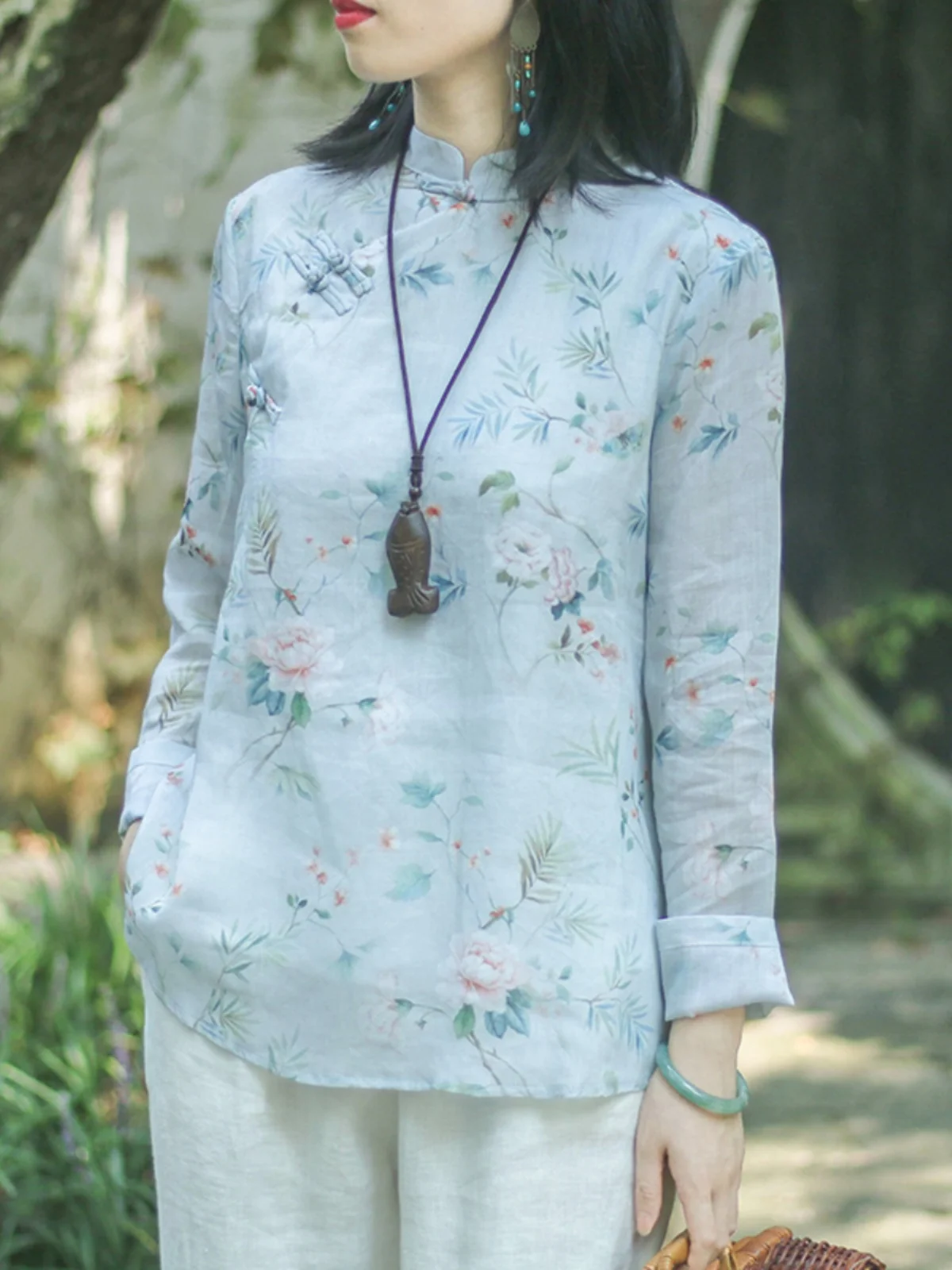 

Nian Jiangnan, весенний хлопок и лен с цветочным принтом, воротник-стойка, длинный све, на пуговицах, традиционный женский деловой костюм...