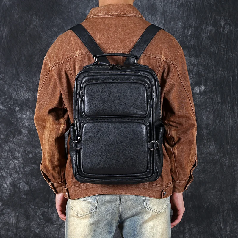 New Men\'s Leather Double Shoulder Baotou Layer Cowhide Backpack Leisure Travel Bag Business Computer Bag