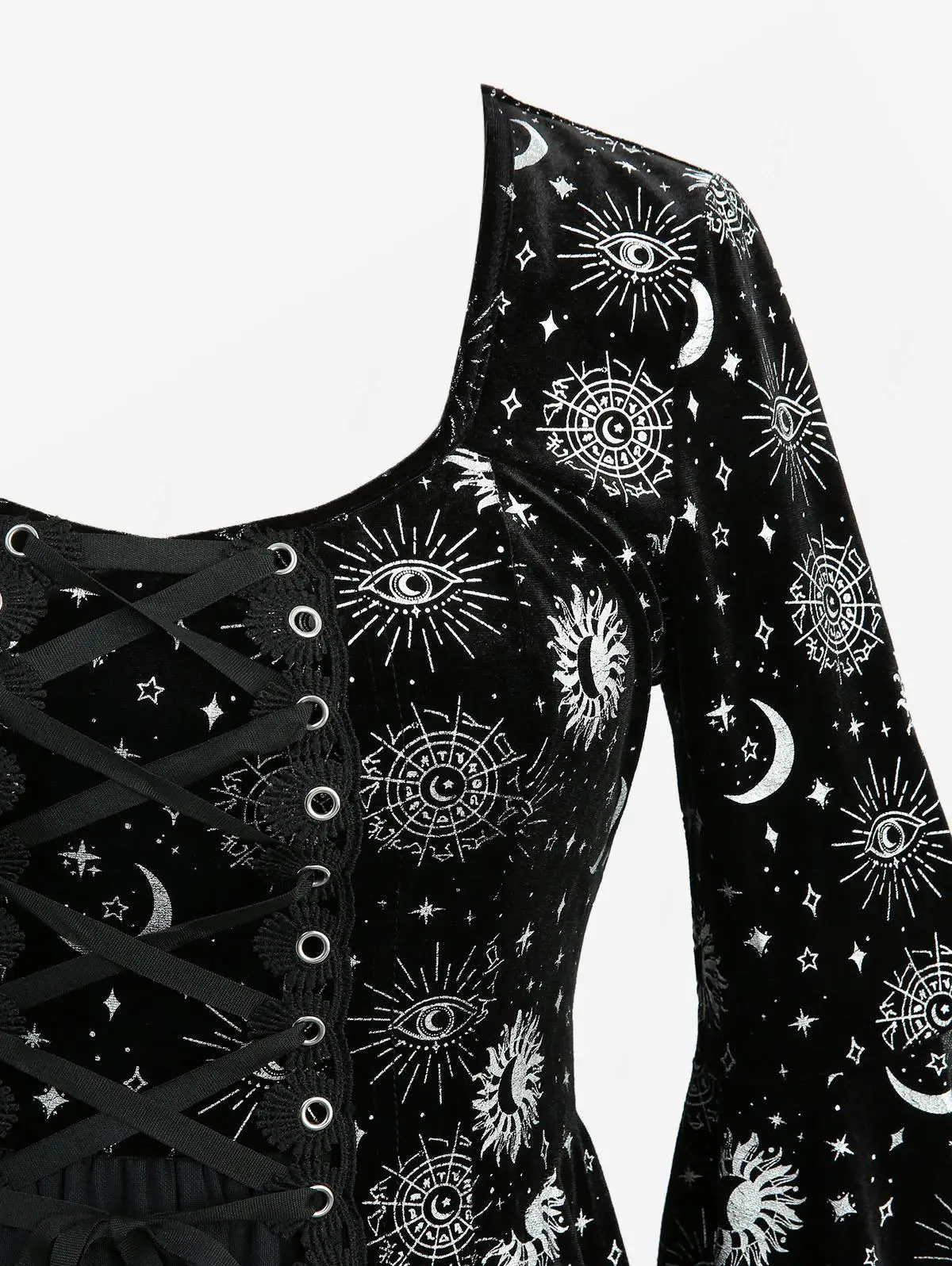 Vestido gótico sol lua estrela estampado com mangas alargadas rendas até estilo linha a em camadas para mulheres vestidos de gola quadrada de outono