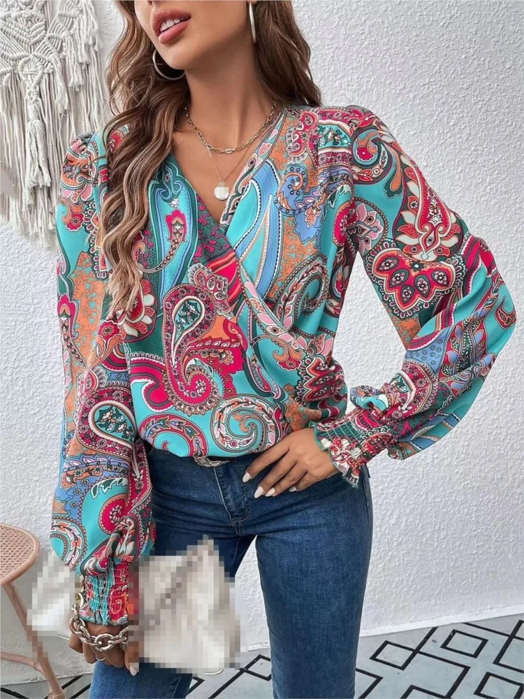 Spring Lantern Long Sleeve Blouse Female Elegant Solid Color Crossover V Neck Pullover Shirt Women New Casual Pleated Loose Tops