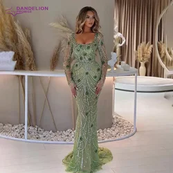 Luxury Green Mermaid Evening Dress 2024 for Women Square collar Crystal Beads Arabic Long Sleeves Formal Prom Wedding Party Gown