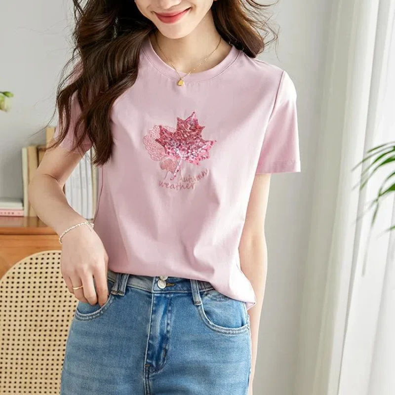 New Summer Women's Solid Colors O-Neck Short Sleeve Loose Plus Size Korean Pullovers Beaded Fashion Casual All-match Tops