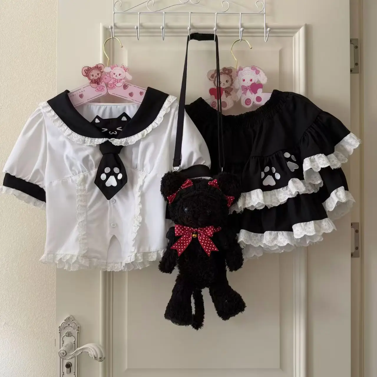 Japanese Jk Sweet College Style 2 Piece Set Women Cute Navy Collar Tops + Lace Fluffy Skirt New Print Harajuku Summer Suit 2025