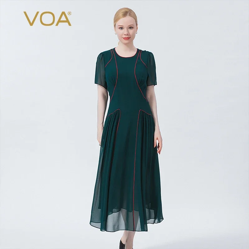 

VOA Summer Silk Georgette Hole Green Dresses O-Neck Pullover Open Line Decoration Loose Breathable Zipper Long Woman Dress AE983