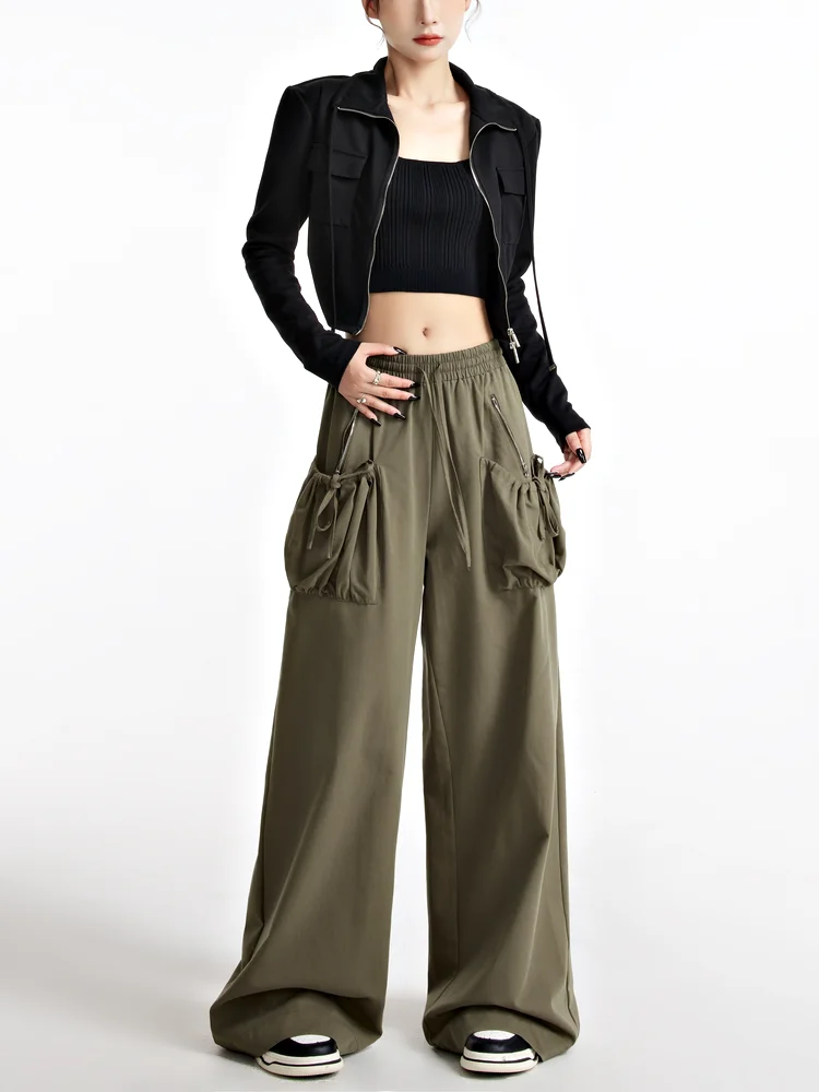 

Модные повседневные брюки с большими карманами, свободные прямые брюки с широкими штанинами, с высокой талией, простые, для повседневной носки, женские джинсы