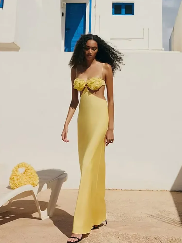 Seksowna, satynowa sukienka na ramiączkach z kwiatami 3D, elegancka, ażurowa, bez rękawów, z odkrytymi plecami, dopasowana, nowa letnia sukienka na plażę, do klubu, na imprezę.