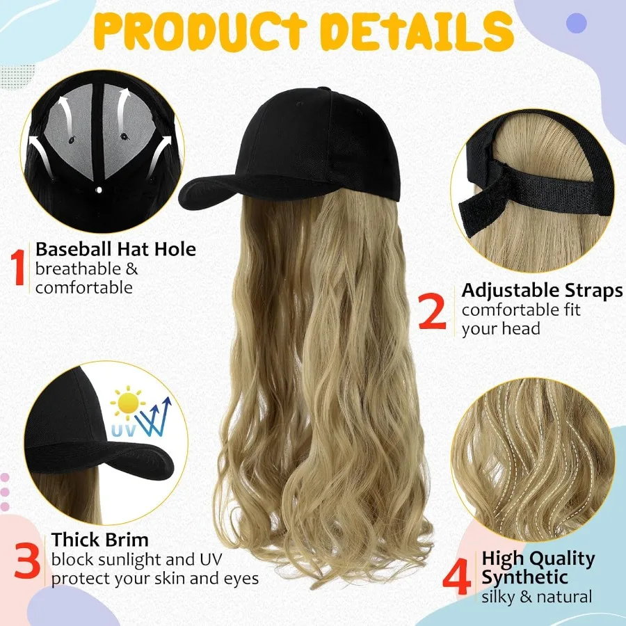 باروكة قبعة بيسبول سوداء قابلة للتعديل مقاس 24 بوصة مع وصلات شعر صناعية طويلة مموجة للنساء والفتيات مثالية لمرحلة الحفلات التنكرية