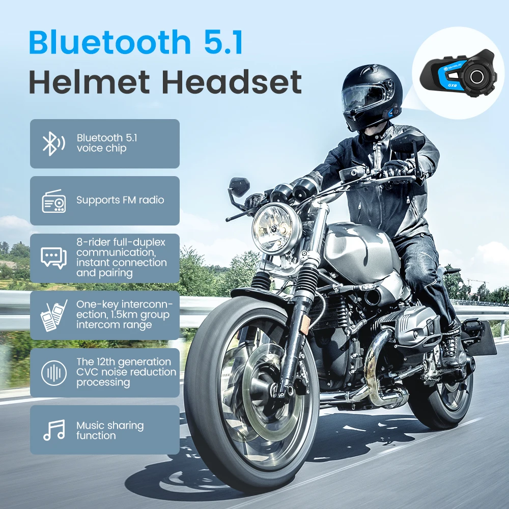 GEARELEC GX8 Motorcycle Intercom Helmet Bluetooth Headset Speaker 8 Rider 1.5km Moto Communicator Music Sharing FM Interphone