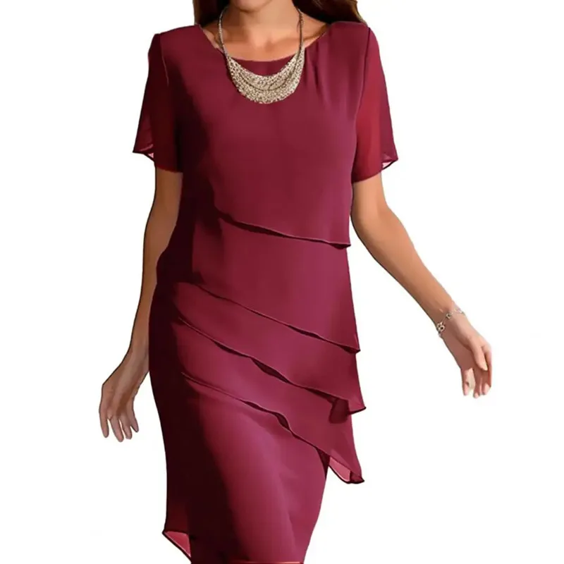 Women Short Sleeve Ruffle Layered Chiffon Midi Dress Elegant Summer Party Gown