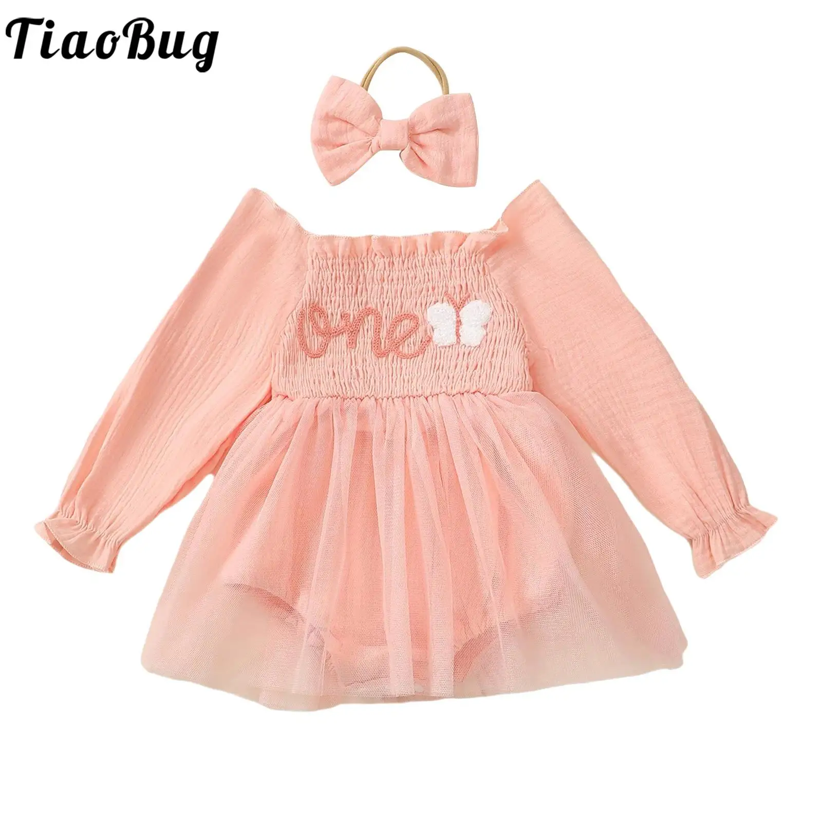 Infant Baby Girl Clothes Long Sleeve Ruffled Tulle Romper Dress with Bowknot Headband for One Year Old Birthday Party Daily Wear