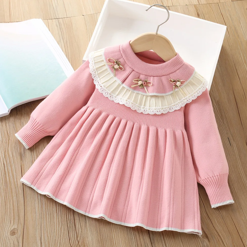 

Girls' sweater dress 2024 Autumn/winter new fashion flower girl baby knitted long-sleeved pullover princess dress 2-6 years old