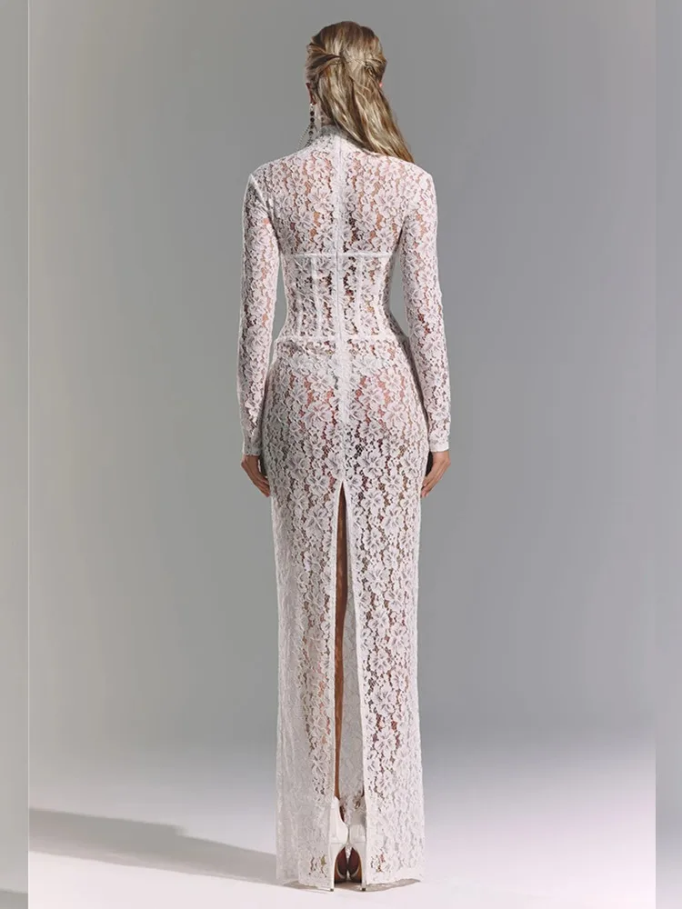Women Celebrity Sexy Long Sleeve Lace White Maxi Long Gowns Dress 2025  Elegant Evening Party Club Vestido - AliExpress 200000345