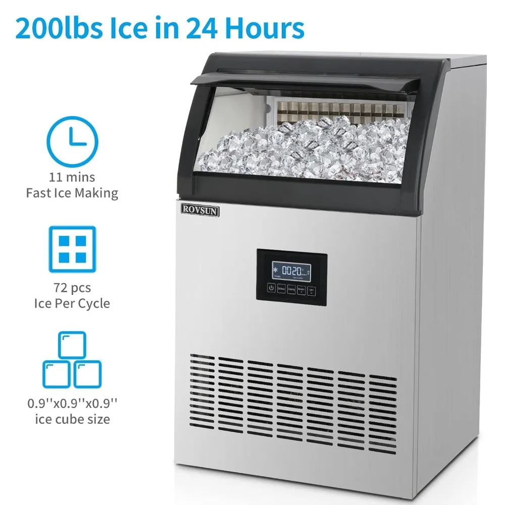 200 pound/24-hour commercial ice maker, LED control panel, and 29 pound storage compartment, including spoon and connecting hose