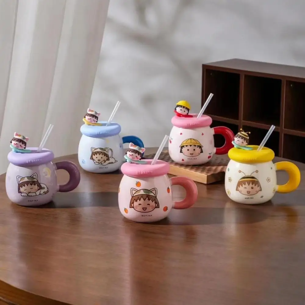 

Kawaii Chibi Maruko-Chan Anime Hobby Girly Cartoon Ceramic Mug Desktop Straw Cup with Lid