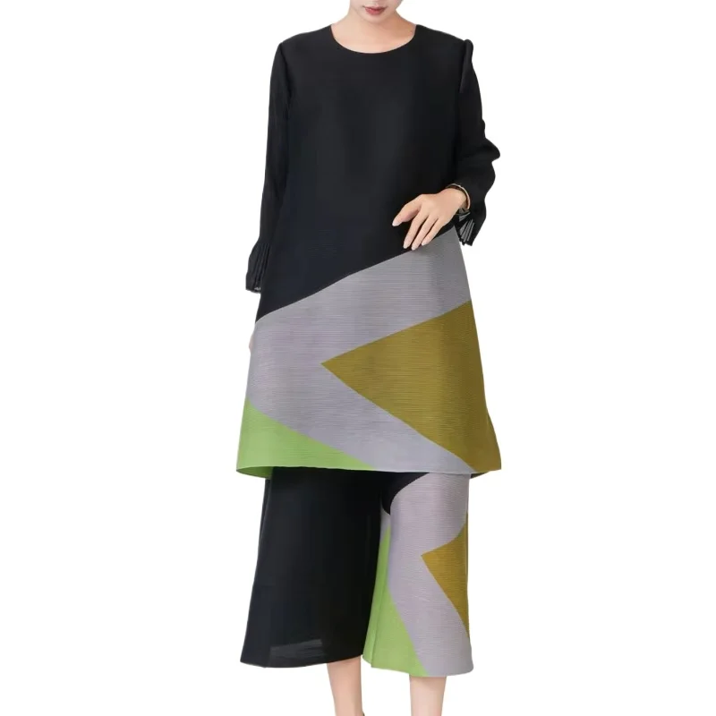 

EGRM Color Block Loose Pleated 2 Piece Set Women's Round Neck Long Tops and Casual Wide Leg Pants 2025 Summer New Tide 7R5918