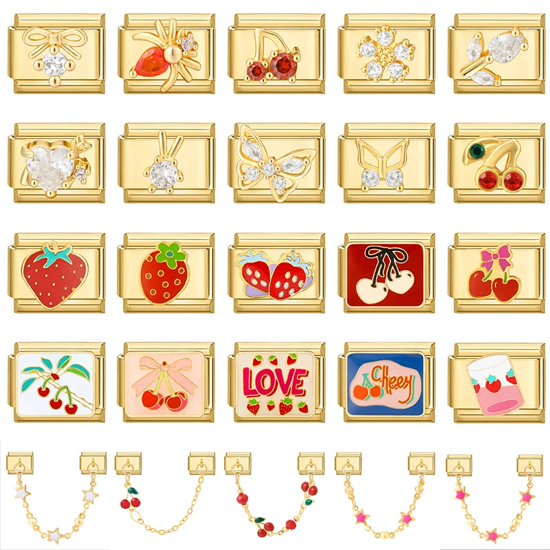 Valentine's Day Sweet Pink Strawberry Cake Scenery DIY Making Bracelet Women Men Stainless Steel 9mm Italian Charm Links Fit