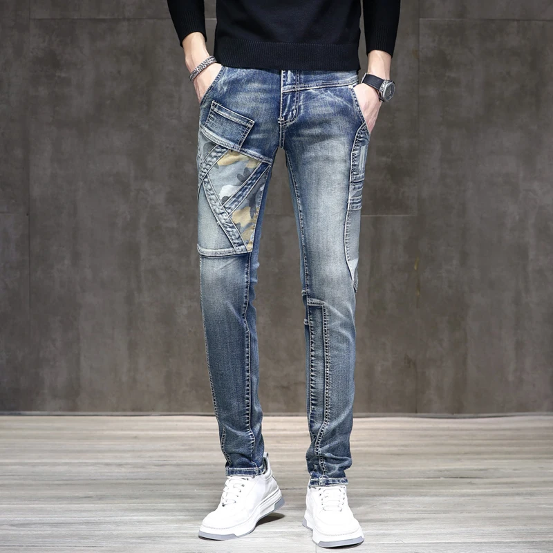 2024spring stitching jeans men's casual all-matching slim fit stretch skinny personality Street retro biker's pants