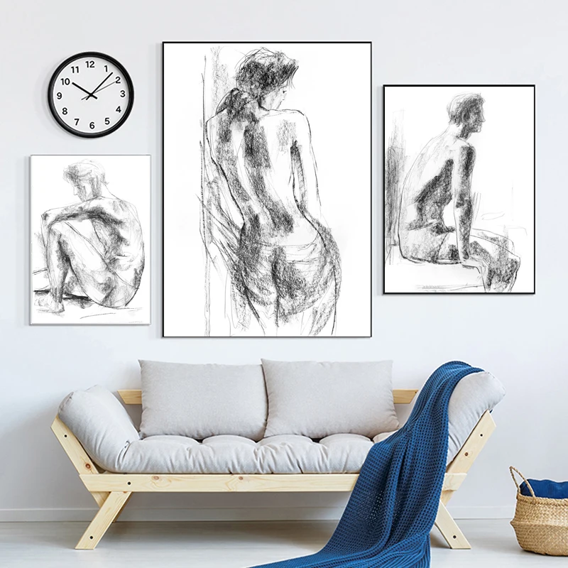 Black and White Man and Woman Sketch Posters and Prints Artistic Art Canvas Painting Wall Art Pictures Home Bar Room Decoration