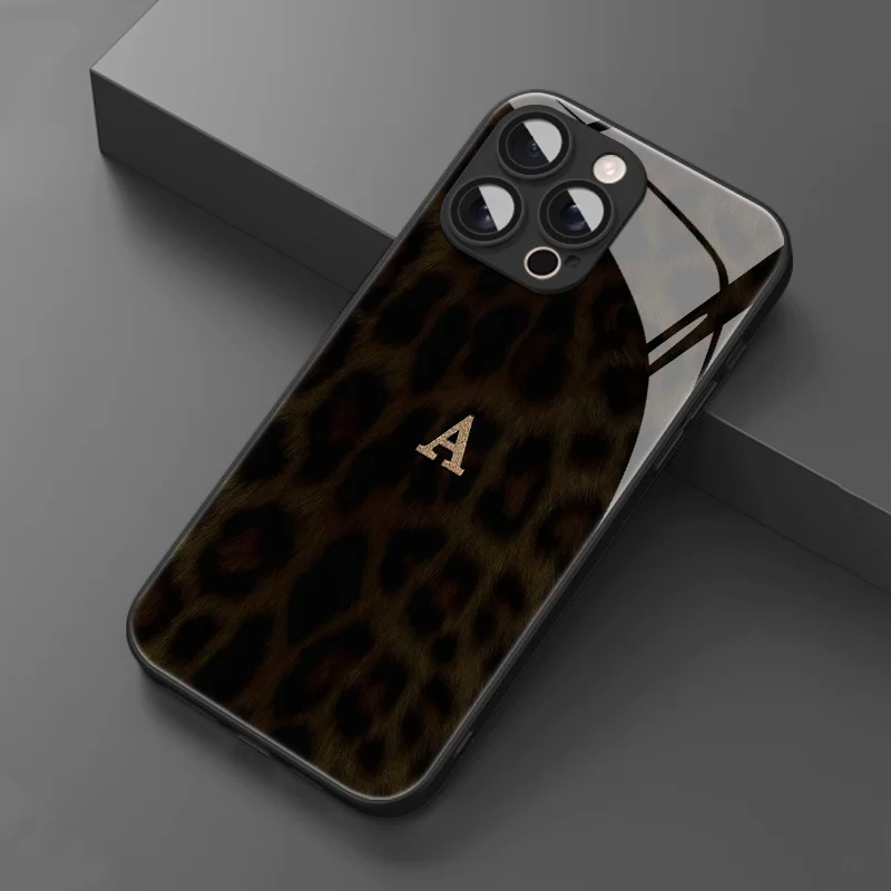 Retro leopard print letter A pattern glass phone case suitable for iPhone 17 16 15 14 13 12 11Pro/Max/Plus shockproof back cover