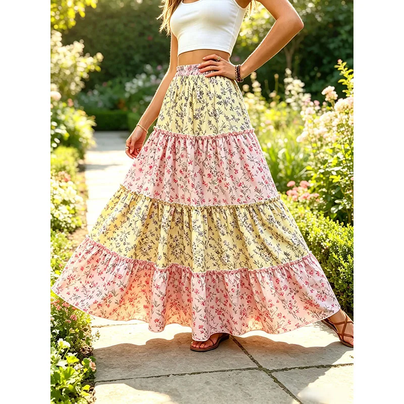 European and American new style pastoral gentle floral pattern draped skirt, versatile A-line long skirt for summer