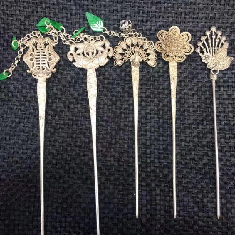 

Tibetan Silver Inlaid Gemstone Peacock Vintage Style Hairpin Ancient Style Hair Accessory Chinese Style Silver Hairpin Classical