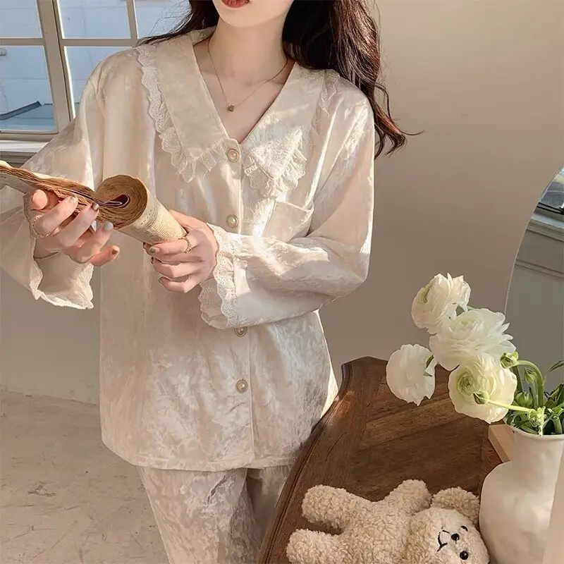 Fairy Style Women\'s Pajamas Gold Velvet Home Clothing Long Sleeved Sleepwear Set French Pyjama Pour Femme Nightwear Suit