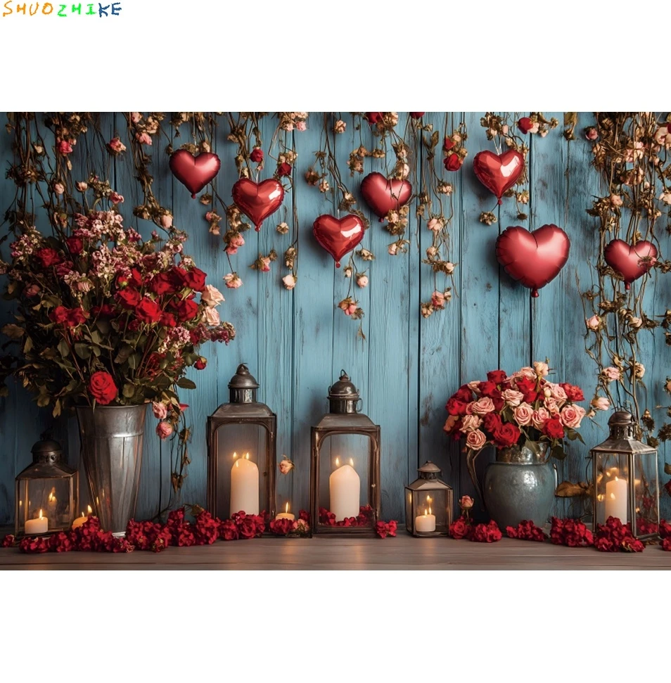 14 فبراير عيد الحب خلفية مشاهد رومانسية الأحمر الحب القلب الأزرق الخشب جدار الأزهار الزفاف التصوير خلفية الدعامة #2