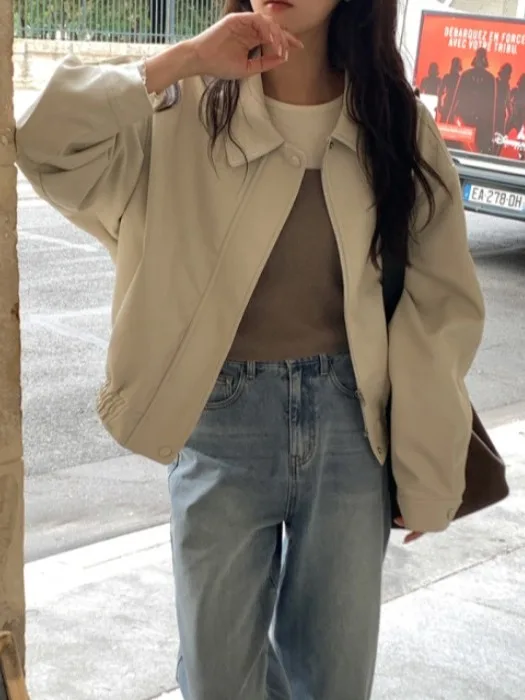 레트로 칼라 지퍼 가죽 재킷 여성 캐주얼 다용도 시크 고급스러운 느낌 재킷 탑 또는 롱 재킷 기타...