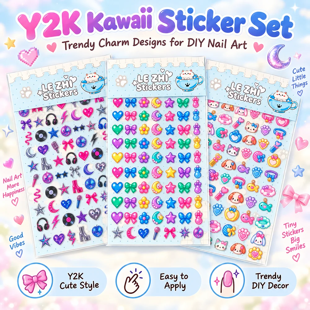 Y2K Nail Art Stickers Cute Kawaii Bow Heart Star Charm Design Trendy Aesthetic Decals DIY Manicure Decoration Accessories