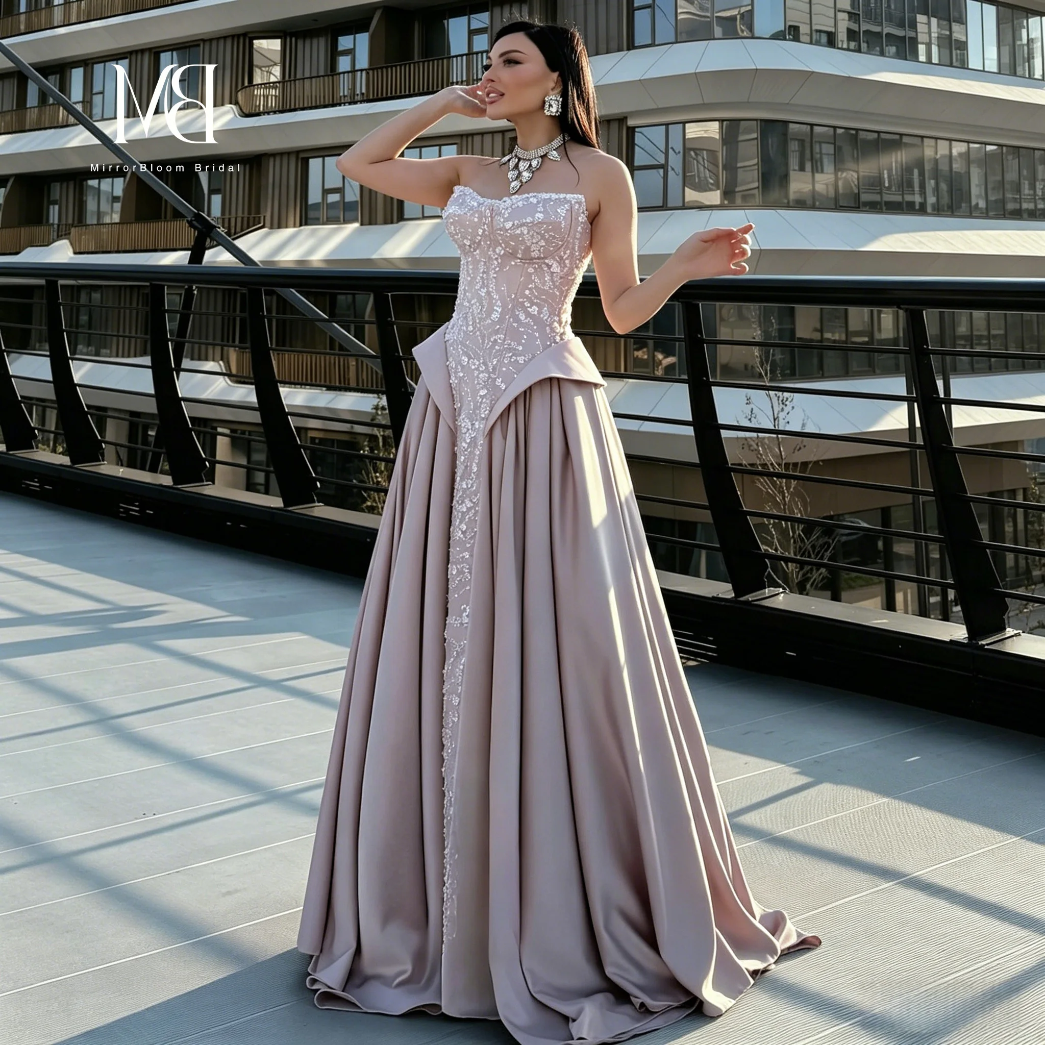 

Luxury Blush Pink Strapless Evening Dress Women Sequin Beaded Satin Floor-Length Formal Prom Wedding Guest Gown Customized