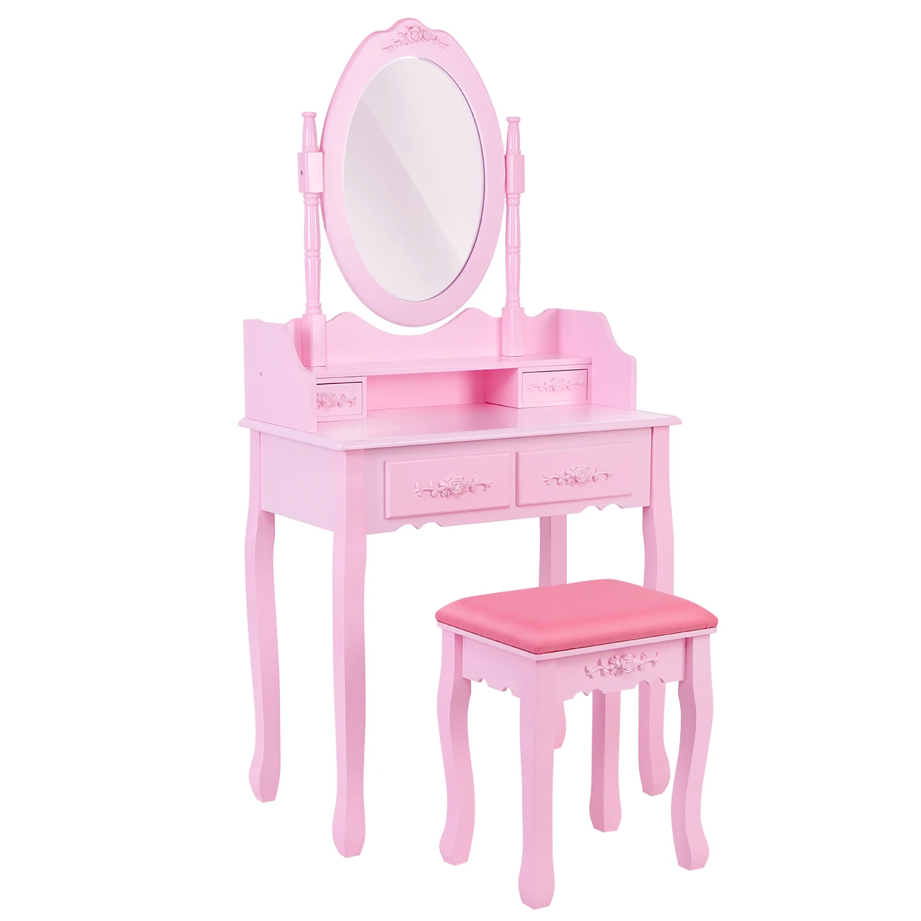 

Pink Vanity Makeup Dressing Table with Oval Mirror and Drawers for Girls(1 Mirror + 4 Drawer+1 Stool) Makeup Desk Sets[US-Stock]