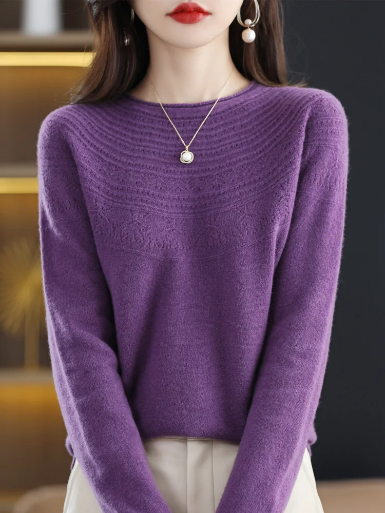 Women 100% Merino Wool Sweater Autumn Winter Pullovers O-Neck Hollow Cashmere Knitwear Female Basic Bottoming Clothing Tops