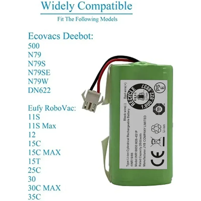 14.4V 2600mAh Li-ion Battery for Conga 990 1090 Ecovacs Deebot N79 N79S DN622 Eufy RoboVac 11 11S 30 Conga 990 1090 Bateria