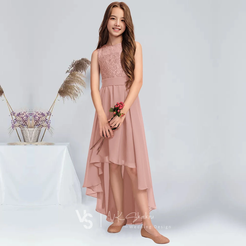 A linha colher assimétrica chiffon renda júnior vestido de dama de honra cabernet vestido da menina de flor verão vestidos de dama de honra da menina