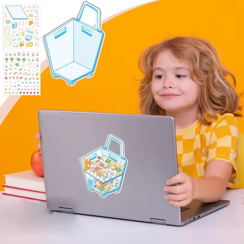 Autocollants de scène de maison Miniature, autocollants de paysage 3D, panier mignon de dessin animé, autocollants de maison, meubles, papier adhésif pour Scrapbooking