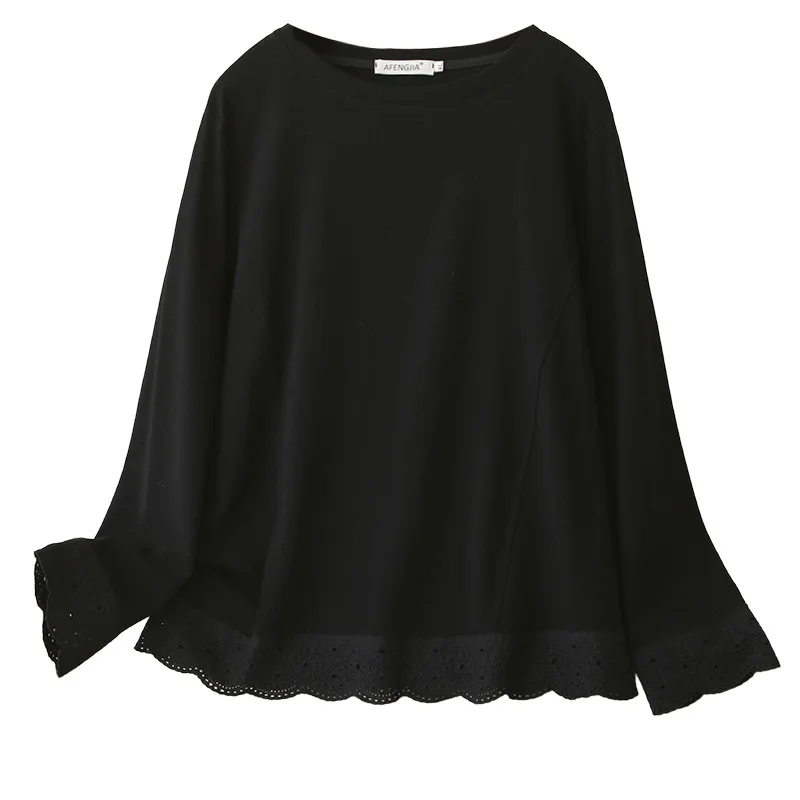 

2026 Spring Plus Size Lace Patchwork Long Sleeve T Shirt Women Casual Round Neck Loose Top