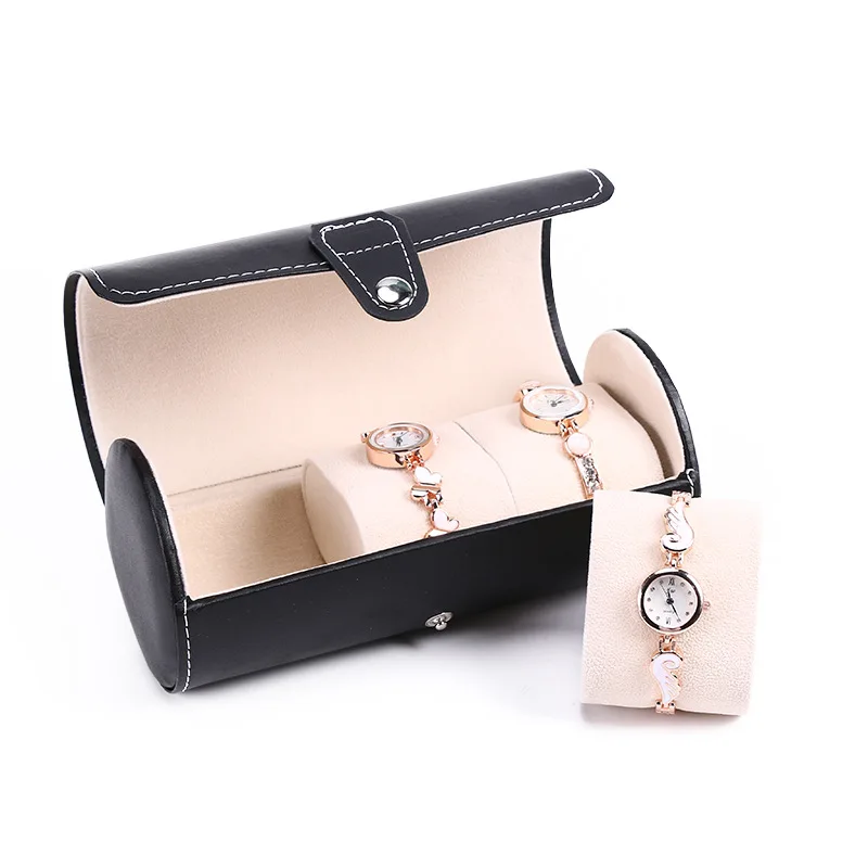 WellZone Black/Brown Color 3 Position Cylindric PU Leather Watch Protection Case Portable Watch Storage Box
