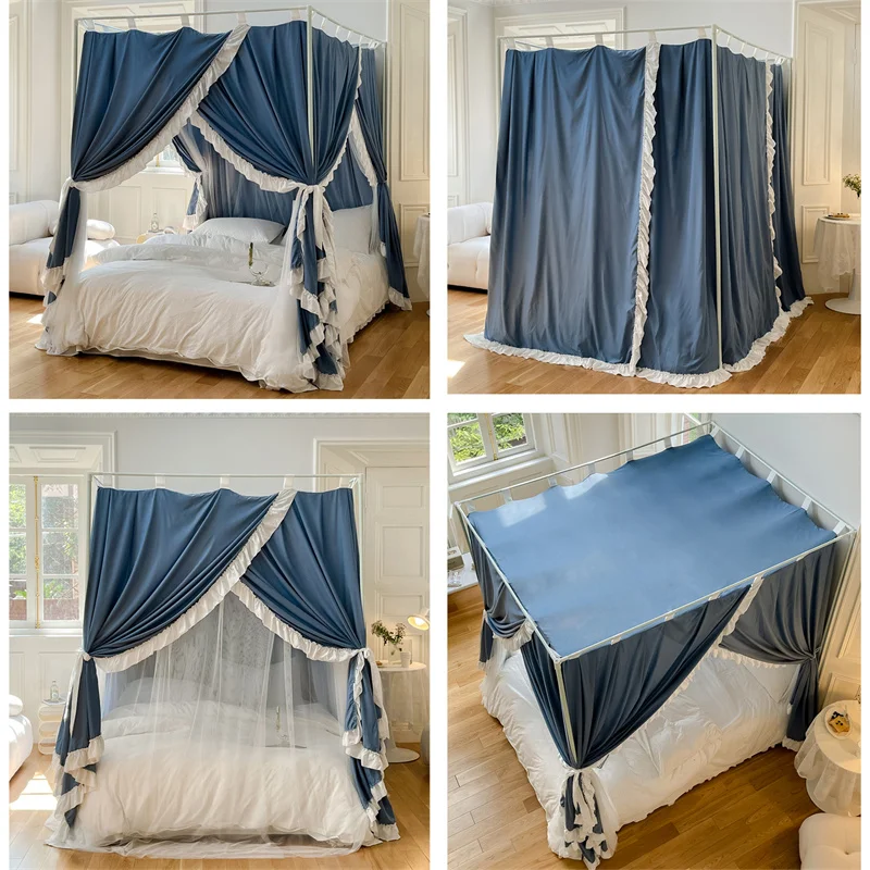 Quadrate Palace Mosquito Net Iron Frame Romantic Lace Bed Canopy Net Shading Dustproof Three-door Bedcover Curtain Home Decor