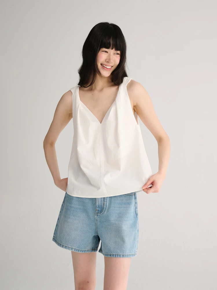 

Maison Cecile Two-Tone mat V-Ne Loose Svel Knot Vest Casual Sle Women's Cotton Blend Summer Outerwear