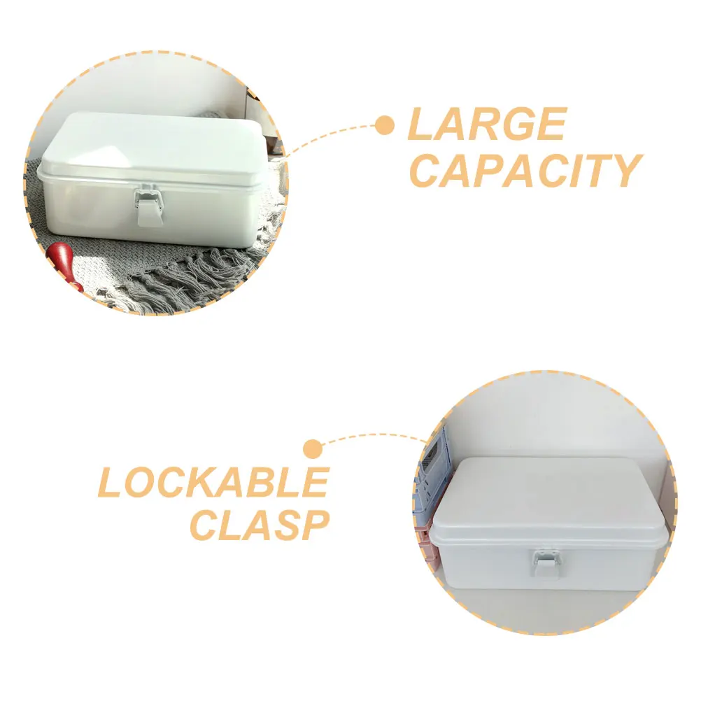 

Vintage White Metal Storage Box Lockable Toolbox For Office Desktop Organizer Cold Rolled Steel Large Capacity Container