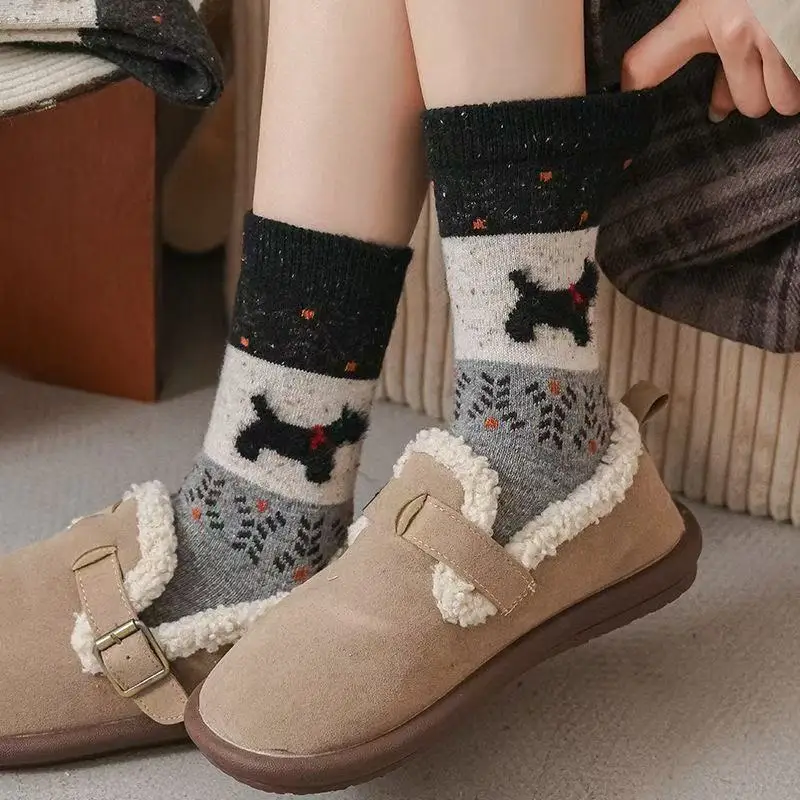 5 pares de calcetines de invierno para mujer, calcetines largos con forro polar de media pantorrilla, gruesos, cálidos, bonitos, grises, con patrón de perro de dibujos animados