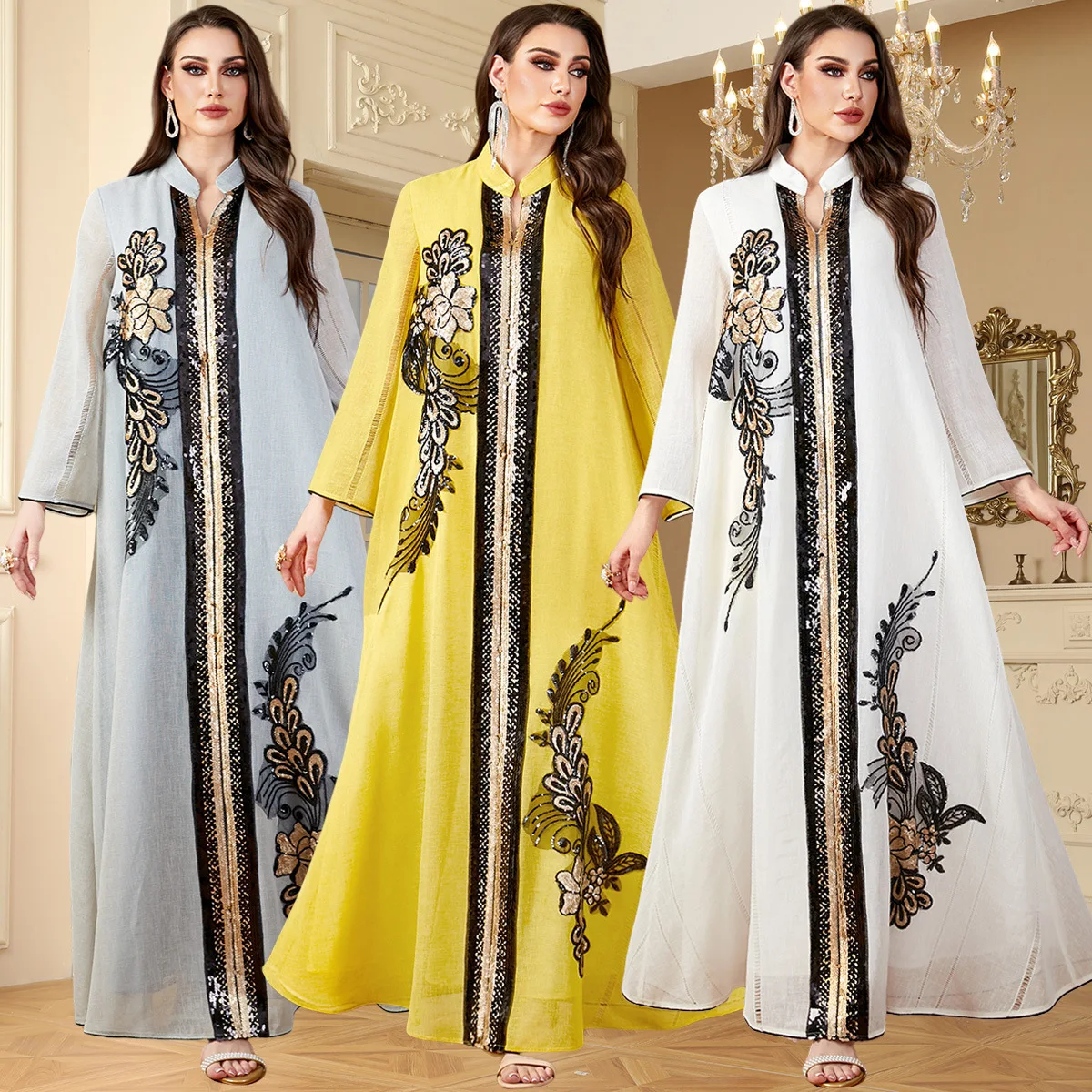 Marrocos abaya vestido feminino lantejoulas bordado maxi vestido outono gola manga longa solto kaftan turquia dubai muçulmano robe