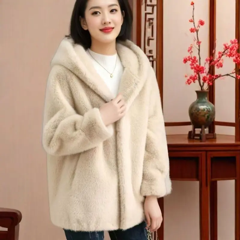 Thick Fur Coat For Womens Versatile Fur Coats Winter Warm Jackets New loose Hooded imitation Mink Fur Fur Jacket Coat