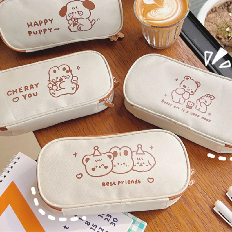 Cute Cartoon Pencil Case Korean Fashion Animal Milk Tea Color Pen Bag High Capacity Stationery Storage Bag Student Supplies