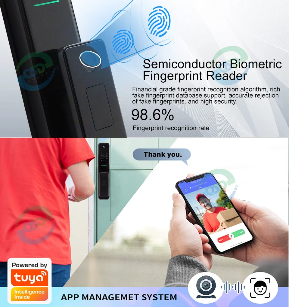Tuya Outdoor Digital Smart Door  with Fingerprint Recognition WiFi Connectivity Home Security Camera & Cloud Data Storage