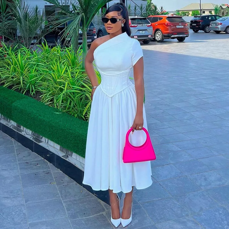 

Summer new oblique collar short-sleeved waist seal fish bone waist medium and long dress fashionable simple and versatile temper