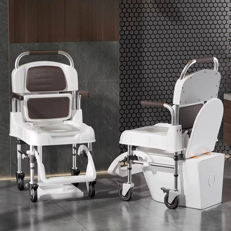 Stainless Steel Toilet Odor Proof Bedside Commode Chair with Armrests and Wheels for Home Bedroom Outdoor Adults Transfer Chairs