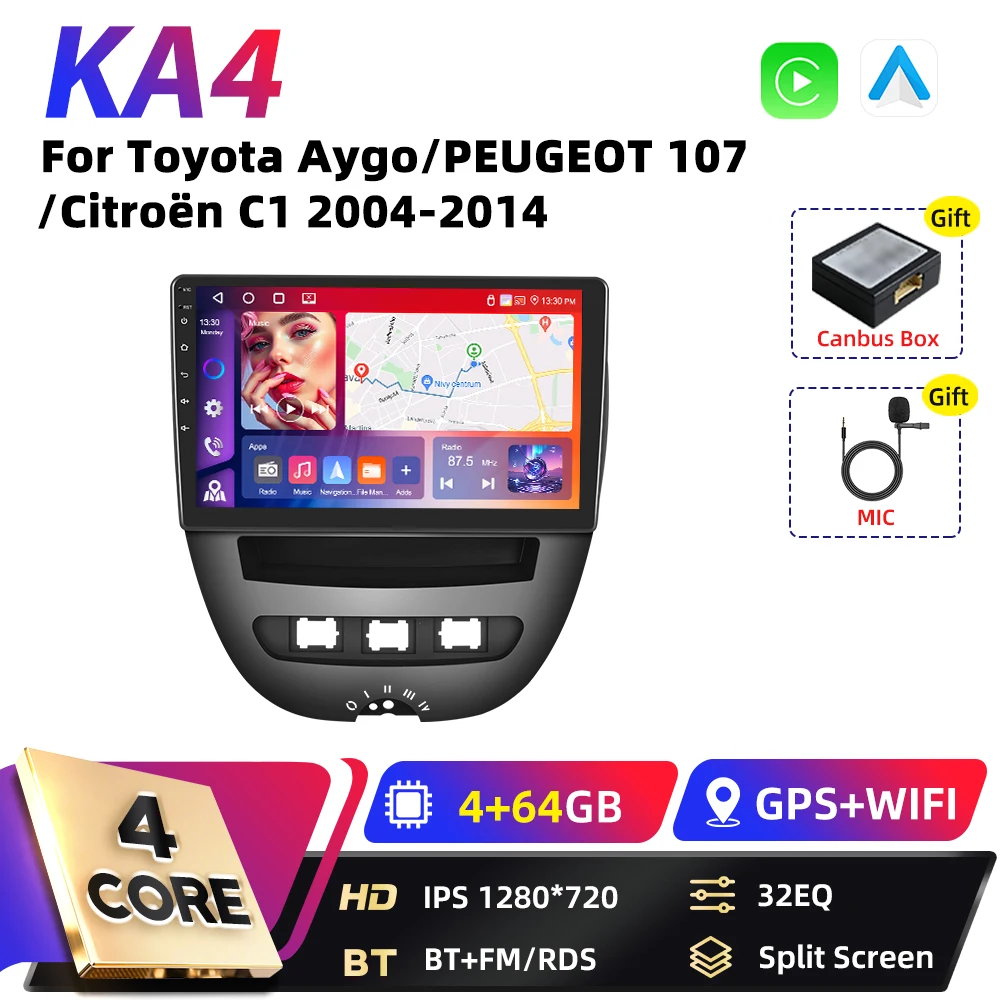 Podofo 8-Core Carplay 2DIN Android autoradio voor Toyota Aygo 2004-2014, Peugeot 107, Citroën C1, Snapdragon GPS FM RDS