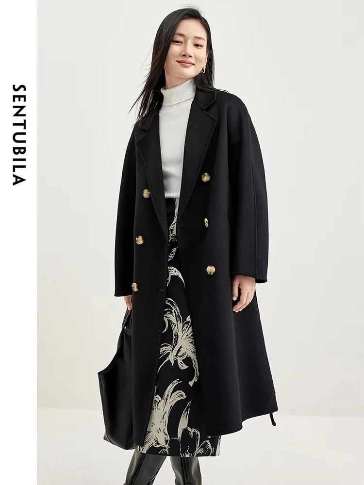 SENTUBILA Winter 100% Wool Coat Double Sided Woman Outerwear 2024 Elegant Fashion Double Breasted Belt Long Wrap Coats W34O49252