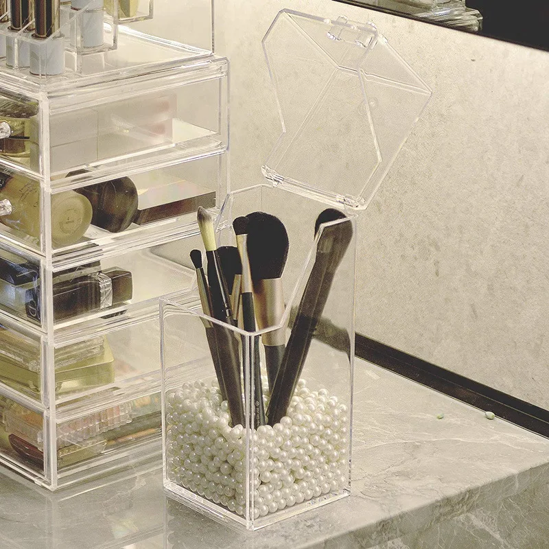 Acrylic Makeup Brush Holder Makeup Organizer Cosmetic Holder Pencil Lipstick Desk Container Table Transparent Makeup Storage Box